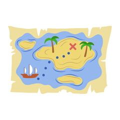 A sea map of pirate treasures in a flat, simple style with schematic islands, a ship sailing to its destination, and palm trees on the sand. Vector illustration