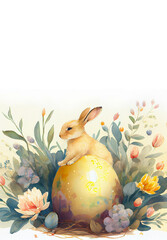 Watercolor painting of rabbit vertical banner with copy space as illustration of Easter bunny in flowers with big golden egg generative AI art