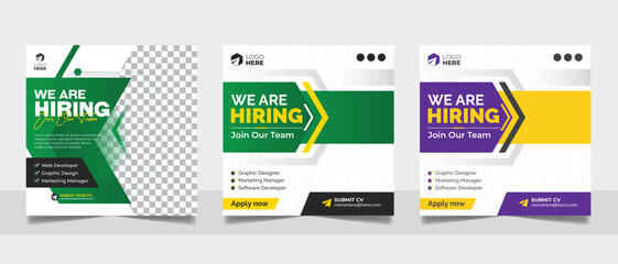 Hiring job vacancy social media post template set. Vacant recruitment marketing web banner square flyer design.