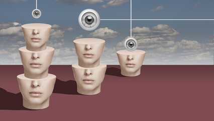 Contemporary art collage. Creative surreal design. Cut beautiful female faces, porcelain look with...