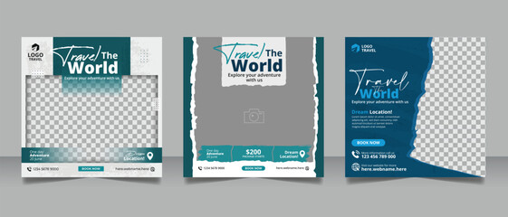 Travel tour promotion social media post or Explore world travelling business social media banner, tourism holiday square web banner template.