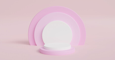pink and white podiums on circle pink and white backdrop show product 