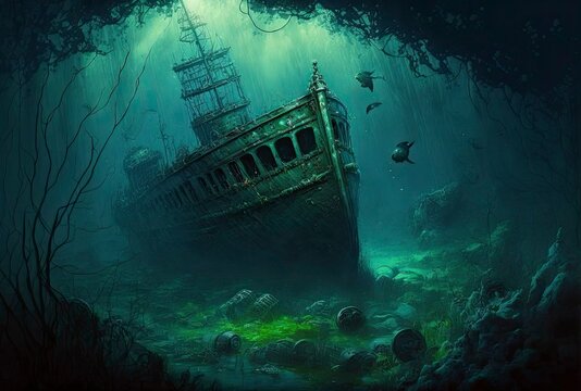 underwater shipwreck in a ship graveyard, with several other shipwrecks visible in the background and the water being dark and murky 2 generative AI