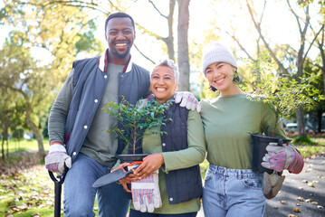 Trees, garden and plants people in portrait community service, sustainability collaboration and eco...