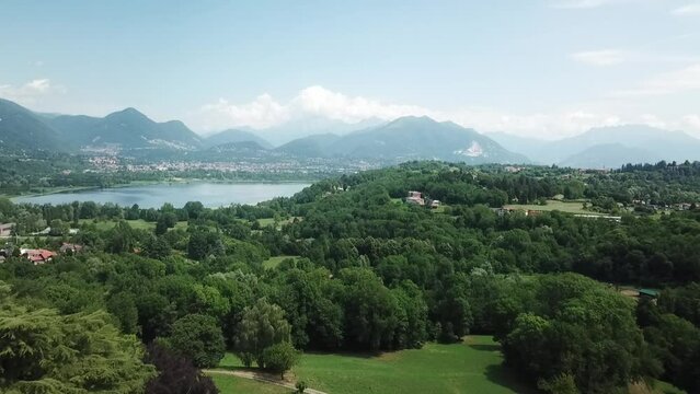 Aerial view of the vegetation at Anzano del Parco and of the Alserio lake in the province of Como in Lombardy - Italy