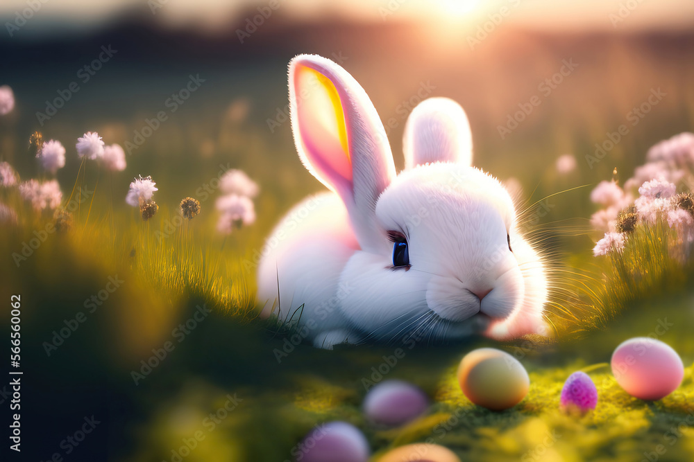 Poster images for easter holiday. pink cute rabbit in the grass on a flower meadow and colorful painted egg