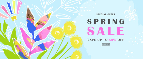 Spring sale poster template with colorful flower background.Can be use banner, promotional materials,voucher, wallpaper,flyers, invitation, brochure, coupon discount.
