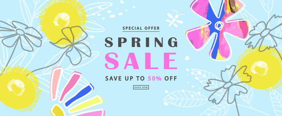 Spring sale poster template with colorful flower background.Can be use banner, promotional materials,voucher, wallpaper,flyers, invitation, brochure, coupon discount.