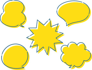 吹き出し　手描き　シンプル　線画　破線　青色　黄色　セット