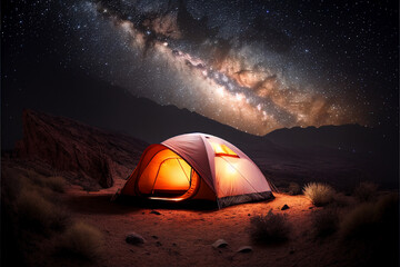 Tourist tent in a picturesque place against the background of the starry sky. AI generated.