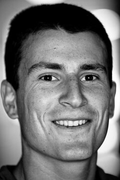 Close up black and white headshot of a young man in Hueneme, California.