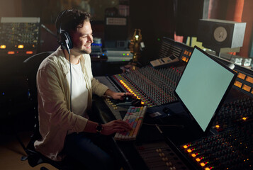 Producer, smile or computer headphones in music recording, sound mixing or song composition in...