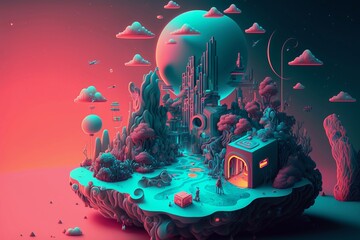 Dreamy virtual world illustration showcases technology's limitless possibilities with pastel palette, floating islands, glowing neon paths, computer screens, VR headsets, and futuristic buildings. Emp