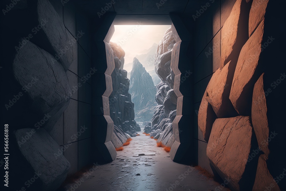 Poster background for vintage and cyberpunk ads set in a stone passageway in the mountains generative ai