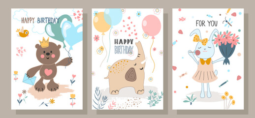 Vector greeting card with cute animals in a simple design, teddy bear,elephant,bunny,balloons.Perfect for children's greeting card design, T-shirt print