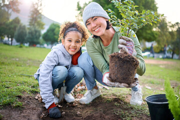 Family portrait, plant and gardening in a park with trees in nature environment, agriculture or...