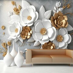 Fototapeta na wymiar Gypsum decorative covering with 3D floral design, in white and golden hues.