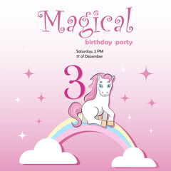 Invitation to the children's birthday of a girl of 3 year old. A pony with a pink mane, a rainbow and clouds. Vector illustration with pink gradient