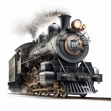 Detailed illustration of an antique old steam locomotive in motion isolated on a white background, generative ai