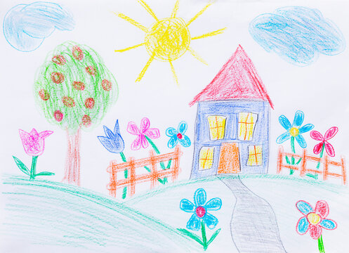 Vector illustration of child drawing of house  with flowers and a tree