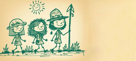 Illustration of a group of Girl Scouts hiking outdoor, depicted as simple stick figures with hiking gear and smiling faces, generative ai
