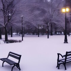 Illuminated city park at night. Bench and lantern close-up. Snow-covered trees after a blizzard. Dark atmospheric winter cityscape. Christmas, vacations, downtown. Panoramic view - generative ai