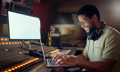 Black man, happy or laptop for music recording, sound engineering or song composition in studio....