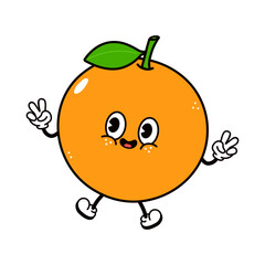 Cute funny jumping orange fruit character. Vector hand drawn traditional cartoon vintage, retro, kawaii character illustration icon. Isolated on white background. Orange fruit character concept