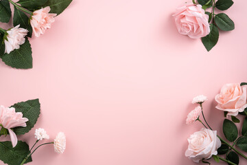 Valentine's Day and Mother's Day design concept background with pink flower and gift on pink...