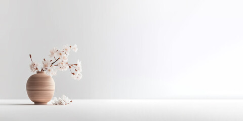 Sakura cherry blossom in wooden vase on table. White Empty wall background. Front view place with copy text space. Generative AI.