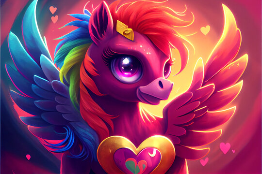 Little pony with wings. Anime character in rainbow core style. Valentine's day poster, in aesthetic of rainbowcore style. AI.