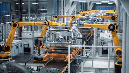 Car Factory 3D Concept: Automated Robot Arm Assembly Line Manufacturing Advanced High-Tech Green Energy Electric Vehicles. Construction, Building, Welding Industrial Production Conveyor. Back View
