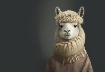 Portrait of an alpaca dressed in a warm sweater, generative ai