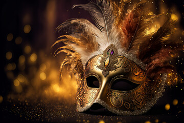 Golden carnival mask with feather on lights background. Generative AI