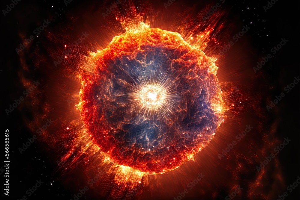 Poster cosmic illumination from the sun. crimson enormous galaxy with stars on the verge of exploding into 