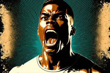 Angry black man protesting for equal rights fight on colorful background. Black lives matter. Generative AI
