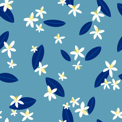 Fototapeta na wymiar Lemon blossom seamless pattern. Spring cute wild jasmine floral print for textile. Textured vector illustration for summer delicate graphic design. Retro blue ornament with white petals and leaves.