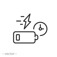 fast battery charging icon, accumulator charge time, thin line symbol on white background - editable stroke vector illustration