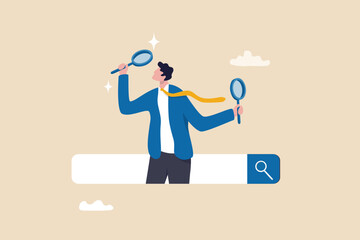Search, discover or research, SEO, search engine optimization, finding information, new job or explore websites concept, businessman with magnifying glass discover new websites from search box. - obrazy, fototapety, plakaty