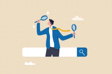 Fotobehang Search, discover or research, SEO, search engine optimization, finding information, new job or explore websites concept, businessman with magnifying glass discover new websites from search box. © Nuthawut