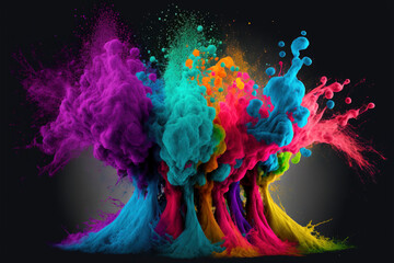 Happy Holi colorful background. Festival of colors, colorful rainbow holi paint color powder explosion isolated white wide panorama background.