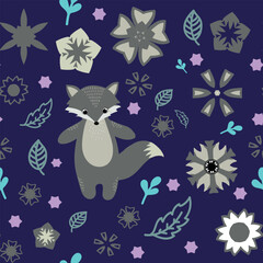 Seamless pattern in shades of blue with flowers and an animal figure.  Vector file for designs.