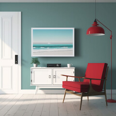 a simple minimalistic illustration of a sitting room interior, a flat screen, white tv stand, relaxing chair, side drawer with a red telephone on it, ocean portrait on the wall, wooden floor, standing