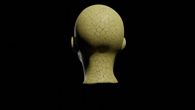 4k video animation of abstract sci-fi Virtual Human Head formation and deformation with solid skin color cracked material.	