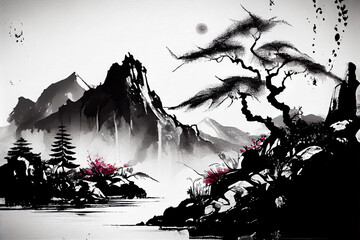 Obraz na płótnie Canvas Spring Chinese style ink landscape background illustration.