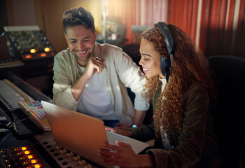 Collaboration, teamwork or music recording with sound engineering headphones, laptop or computer in...