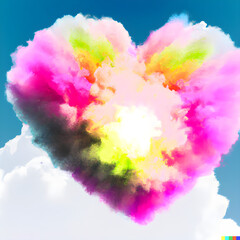 Colorful heart shape cloud explosion in the blue sky. Beautiful heart shape cloud made with Generative AI.