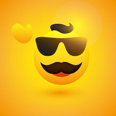 Simple Happy Male Emoticon with Sunglasses, Waving Hand, Hair and Mustache on Yellow Background - Vector Design for Web and Instant Messaging Apps