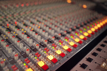 Background lights on radio mixer, sound board and production in music industry, broadcast or scales in studio. Electric equipment, electronic media and audio engineering for recording, deck or switch