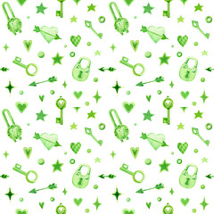 Watercolor green seamless pattern. Hearts and arrows, keys and lock, stars and confetti, isolated on a white background. Valentines day pattern. - 566567826